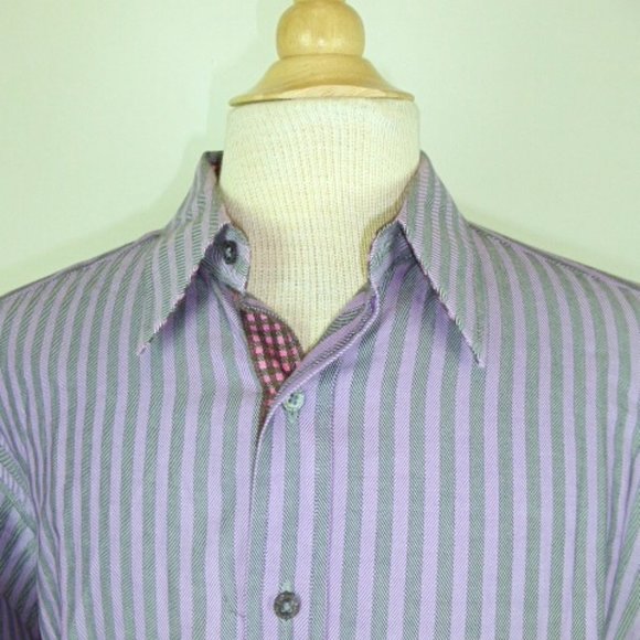 ROBERT GRAHAM SHIRT Purple black stripe contrast cuff cotton L - Picture 2 of 10